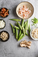Caruru Ingredientes, traditional Afro-Brazilian dish made with okra and dried shrimp, tomatoes., cashews and peanuts
