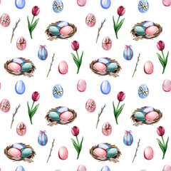 Watercolor hand drawn seamless pattern with colorful painted and decorated Easter eggs, nest, tulips and willow on white background. Festive pattern for textile, wrapping paper and other unique design