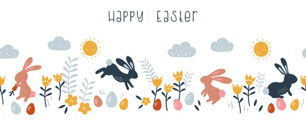 Lovely hand drawn Easter horizontal seamless pattern, doodle bunnies, eggs and flowers, great for banners, wallpapers, wrapping, textiles - vector design