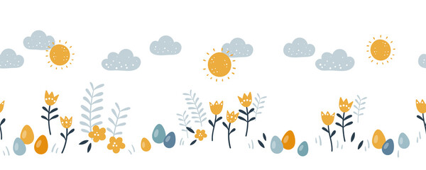 Lovely hand drawn Easter horizontal seamless pattern, doodle bunnies, eggs and flowers, great for banners, wallpapers, wrapping, textiles - vector design