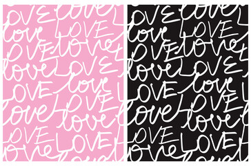 Fototapeta na wymiar Lovely Hand Drawn Valentine's Day Seamless Vector Pattern with White Handwritten Love Isolated on a Light Pink and Black Background. Infantile Style Romantic Print ideal for Fabric, Textile.
