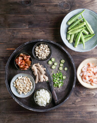 Caruru Ingredientes, traditional Afro-Brazilian dish made with okra and dried shrimp, tomatoes., cashews and peanuts