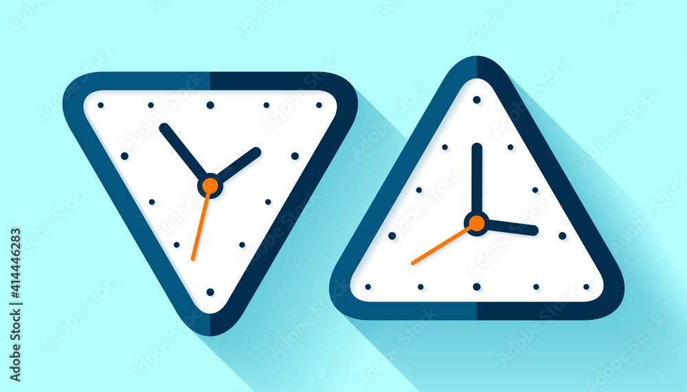Poster triangle clock icon set in flat style, timer on blue background. simple watch. vector design element