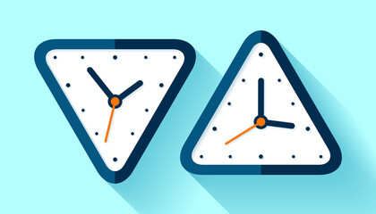 Triangle clock icon set in flat style, timer on blue background. Simple watch. Vector design element for you business projects