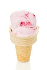 Ice cream strawberry flavored on cone isolated on white.