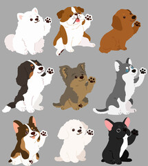 Set of flat colored cute and simple dogs sitting and waving hand