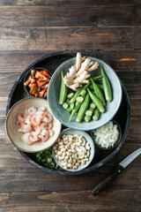 Caruru Ingredientes, traditional Afro-Brazilian dish made with okra and dried shrimp, tomatoes., cashews and peanuts