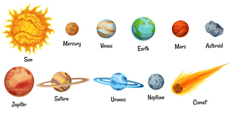 Cartoon solar system planets. Astronomical observatory small planet. Astronomy galaxy space. Sun Mercury Venus Earth Mars Jupiter Saturn Uranus Neptune Comet Asteroid © designer_things