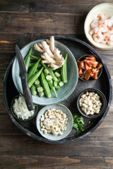 Caruru Ingredientes, traditional Afro-Brazilian dish made with okra and dried shrimp, tomatoes., cashews and peanuts