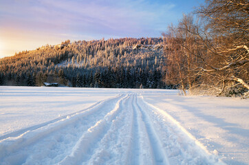 Obraz premium Cross country skiing. A magical start to a new day in the meadows of the Stolowe Mountains National Park in Poland. A wonderful sunrise in a wild land.