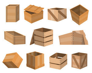 Wooden drawers. Boxs package. Wooden empty drawers and packed boxes or packaging crates. Containers for delivery or shipping set. Illustration isolated on white background