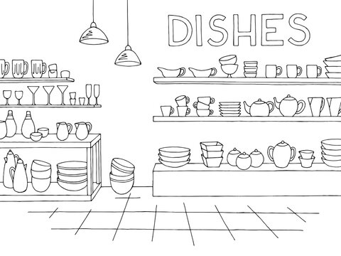 Dishes store shop interior black white graphic sketch illustration vector