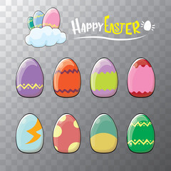 Set of color hand drawn Easter eggs with different texture isolated on transparent background.Spring holiday. Vector Illustration.Happy easter eggs