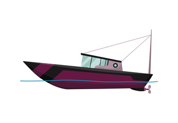 Fishing boat side view isolated on white background. Fishing commercial ship, fisher sea boat for ocean water, shipping seafood industry. Fisherman boat