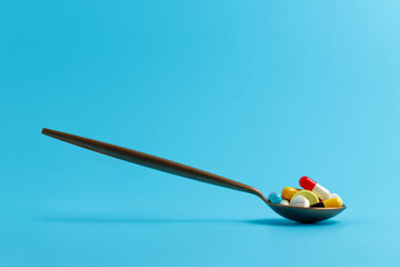 Fototapeta na wymiar A spoonful of medicine pills and capsules on blue background.