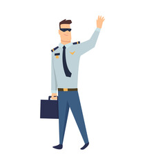 Smiling civilian aircraft pilot, aircrew captain, aviator or airman dressed in uniform with briefcase. Cheerful male cartoon character isolated on white background. Colorful illustration