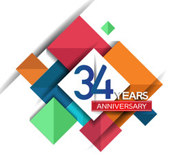34 years anniversary design colorful square style isolated on white background can be use for invitation, party, and celebration event