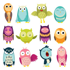 illustration of colorful cartoon funny owls set on white background. Happy and joyful birds set in flat style. Isolated children cartoon illustration, for print or stickers
