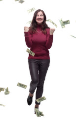 very happy young woman standing in the rain of money