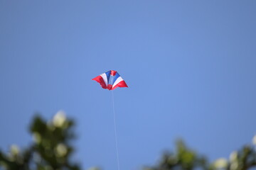 Flag pattern kite flying in the blue sky