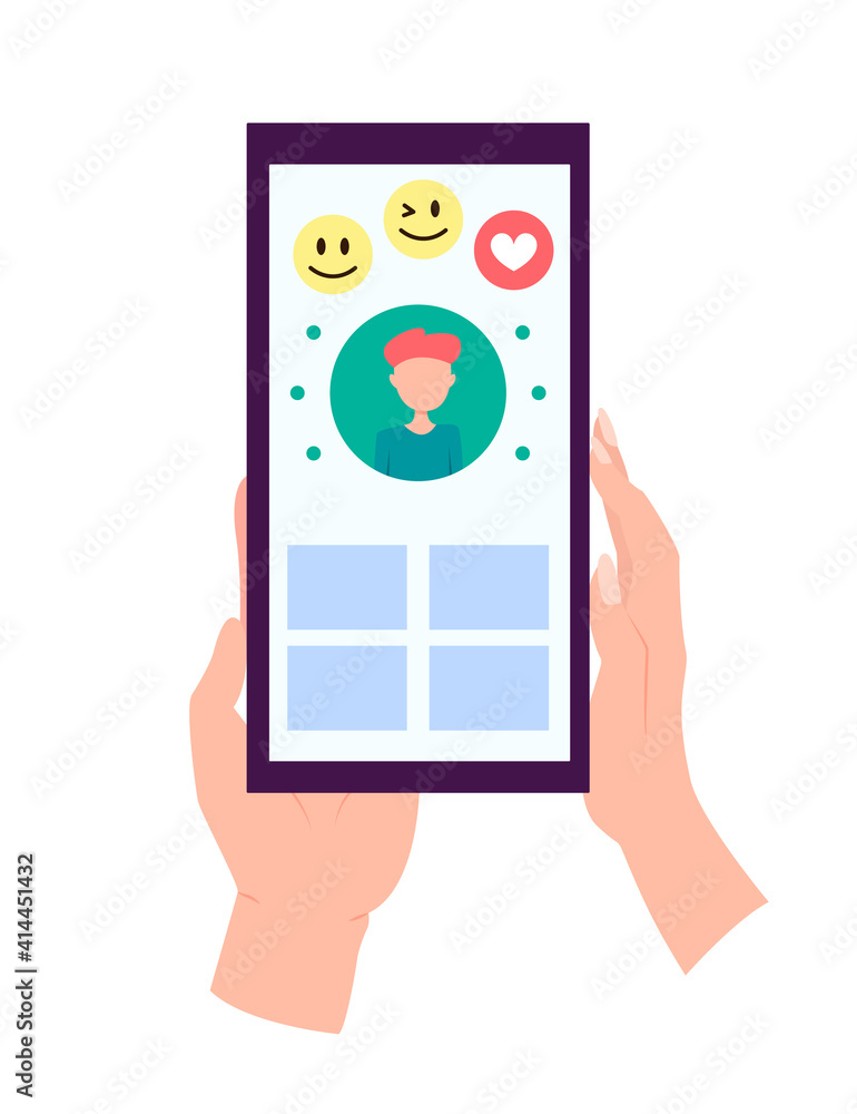 Poster hand holding smartphone with heart emoji message on screen, like button. social network and mobile d
