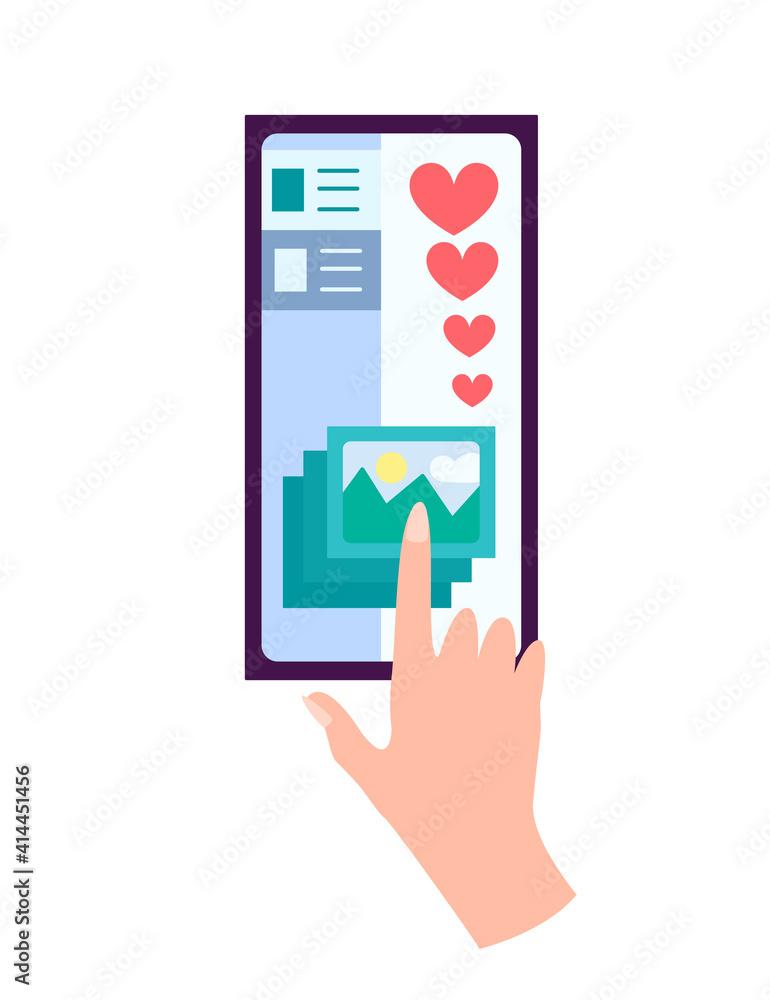 Poster hand holding smartphone with heart emoji message on screen, like button. social network and mobile d