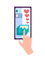 Hand holding smartphone with heart emoji message on screen, like button. Social network and mobile device. Graphics for websites, web banners. Flat design illustration