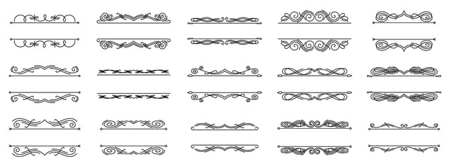 Set of different thin hand drawn text dividers for your design. Page decoration. Linear break, book decoration. Hand drawn swirl dividers