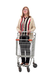 in full growth. a woman in casual clothing with a shopping cart