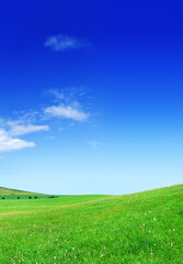 Idyllic view, green hills and blue sky with white clouds