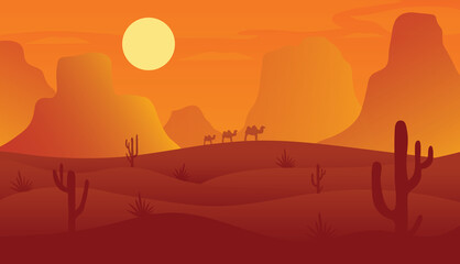 Desert landscape with dunes and cacti, vector nature horizontal background, vector illustration.