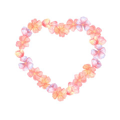 illustration of a watercolor frame in the shape of a heart from flowers in pastel colors orange,turquoise,purple. for the holiday of saint valentine,birthday,mother's day.for postcards