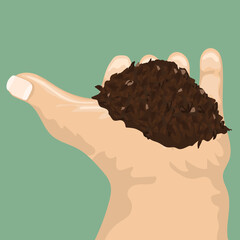 Soil in human hand for your design. Back view. Vector illustration.
