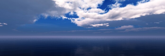 Seascape, clouds over the sea, ocean landscape, light over water, 3D rendering