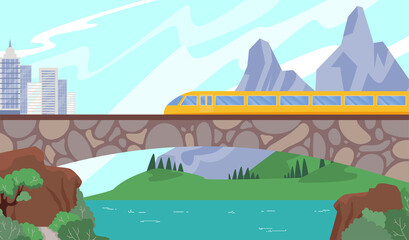 Modern speedy train on railway, travel speed, reliable city transport, trip to big town, design cartoon style vector illustration. Colorful mountain landscape, vehicle ride over bridge, business wagon