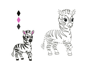 Fototapeta na wymiar Little funny zebra coloring with dotted line for toddlers.Vector illustration in cartoon style, isolated line art