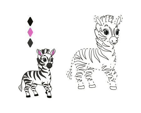 Little funny zebra coloring with dotted line for toddlers.Vector illustration in cartoon style, isolated line art