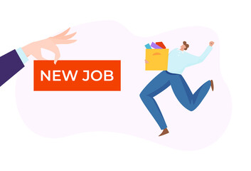New job we are hiring, professional company employee, business career, recruitment concept, cartoon style vector illustration. Start moving towards success, man manager candidate, frame recruitment.