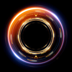 Vivid abstract background. Beautiful design of rotation frame.  Mystical portal. Bright sphere lens. Rotating lines. Glow ring. Magic neon ball. Led blurred swirl. Spiral glint lines. HUD