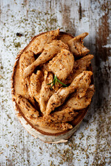 cooked spiced mock chicken meat strips