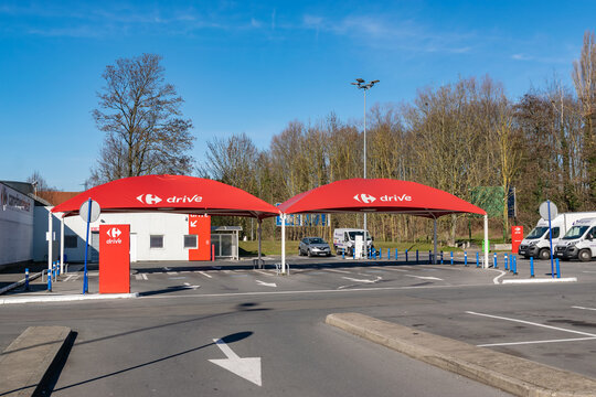 Wasquehal,FRANCE-February 24,2019: Carrefour Drive.This service that allows the customer to shop online and receive them on the physical Carrefou Drive.