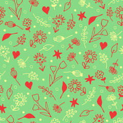 Seamless vector pattern with small flowers on pastel green background. Simple summer floral wallpaper design. Romantic wildflower fashion textile.