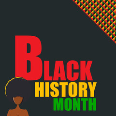 Vector black history month banner or poster with afro woman isolated on black background with African pattern