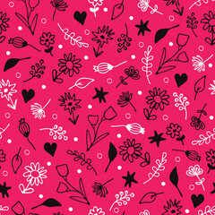 Seamless vector pattern with small hand drawn flowers on pink background. Simple vintage floral wallpaper design. Summer meadow fashion textile.