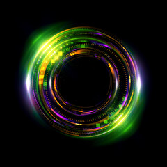 Vivid abstract background. Beautiful design of rotation frame.  Mystical portal. Bright sphere lens. Rotating lines. Glow ring. Magic neon ball. Led blurred swirl. Spiral glint lines. HUD
