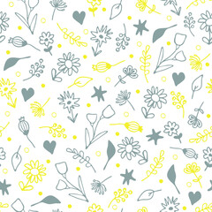 Seamless vector pattern with small flowers on white background. Simple hand drawn floral wallpaper design. Summer garden fashion textile.