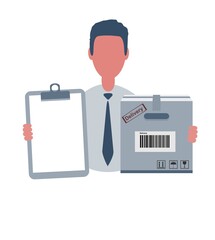 Businessman or clerk holding a blank paper and a cardboard box. Male character in simple style with objects, flat vector illustration. Business concept. Isolated on white background.