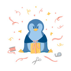 Cute penguin is wrapping a present Vector Illustration