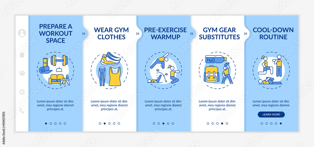 Poster at-home physical training tips onboarding vector template. preparing workout space. pre-exercises wa