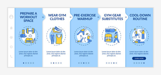 At-home physical training tips onboarding vector template. Preparing workout space. Pre-exercises warmup. Responsive mobile website with icons. Webpage walkthrough step screens. RGB color concept
